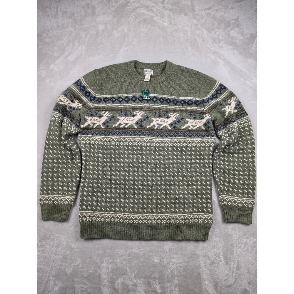 L.L. Bean Sweater Mens XL Tall‎ Green 100% Lambswool Fair Isle Reindeer Crewneck